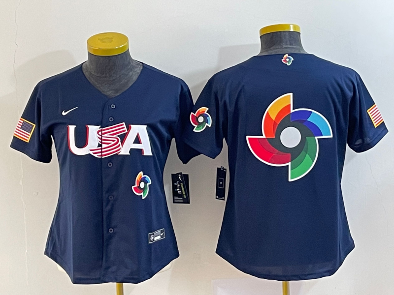 Women's USA Baseball 2023 Navy Big Logo With Patch World Baseball Classic Stitched Jersey(Run Small) Women's USA Baseball 2023 Navy Big Logo With Patch World Baseball Classic Stitched Jersey(Run Small)